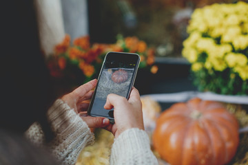 Stylish hipster woman taking photo of pumpkins and autumn flowers. Girl photographing on phone rustic halloween street decor, hands close up. Happy Thanksgiving and Halloween