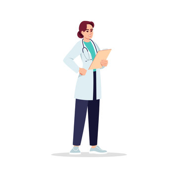 General practitioner semi flat RGB color vector illustration. Primary care physician. Young caucasian woman working as medical doctor isolated cartoon character on white background