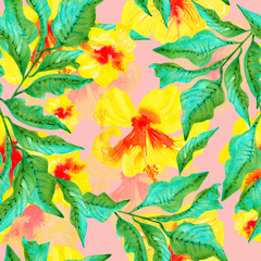 Fototapeta na wymiar summer colorful print with watercolor tropical leaves and hibiscus flowers on seamless pink background