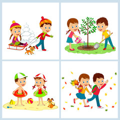Obraz na płótnie Canvas cartoon little kids and seasons, illustration,vector
