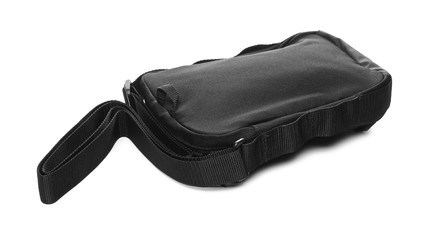 Black waist bag, fanny pack with strap isolated on white background