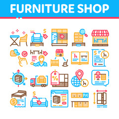 Furniture Shop Market Collection Icons Set Vector. Furniture Table And Chair For Cafe, Couch And Bed, Internet Store And Catalog Concept Linear Pictograms. Color Contour Illustrations