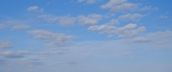 Blue spring sky with white clouds. Beautiful background.