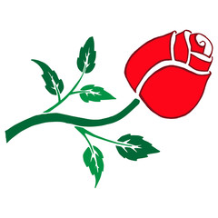 Rose blooming icon. Vector illustration of a rose bud with leaves. Hand drawn beautiful rose flower.