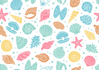 Seashell seamless pattern. Vector background included line icons as ocean sea shells, scallop, starfish, clam, oyster, nautical texture for fabric. White, blue, red, yellow color