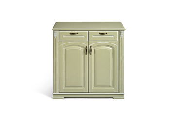 vintage chest of drawers in classic style with carved elements olive color on a white background