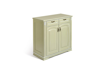 vintage chest of drawers in classic style with carved elements olive color on a white background