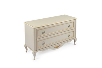 vintage chest of drawers in classic style with carved elements vanilla color on a white background