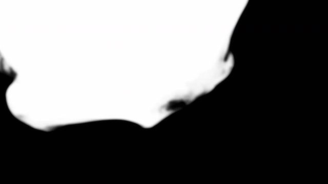 Ink transition. Vertical revealing effect. White smoke cloud spreading on black abstract background. Paint in water. Fluid splash motion opener mask for video editing.