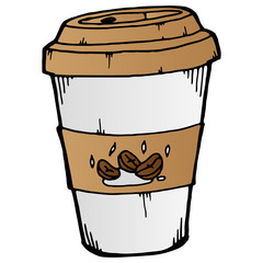 Coffee in a paper cup. Vector illustration of a coffee cup with fast food.