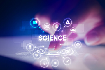 Finger touching tablet with web technology icons and SCIENCE inscription, web technology concept