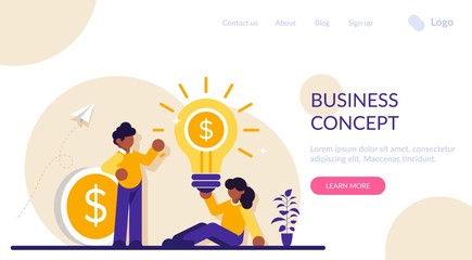 Business concept. Young businessman and businesswoman. Team success. An idea that generates revenue. A coin with a dollar. Modern flat illustration.