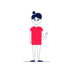 Character design of a girl in red dress waving hello hand, flat line style on white background. Personage for infographics, animation, magazine, books.