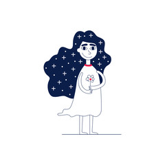 Character design of a girl in dress with flower in hands and in the hair of a star, flat line style on white background. Personage for infographics, animation, magazine, books.