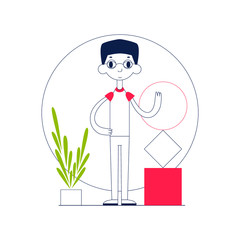 Character design of male student with glasses in a red sleeved T-shirt and collar, flat line style on white background with geometric forms. Personage for infographics, animation, magazine, books.