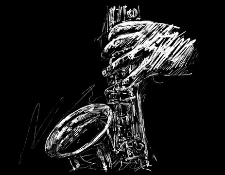 Drawing of the musician plays saxophone hand draw 