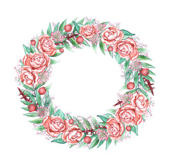 Watercolor floral wrath drawn by hand. Frame for decorations with bright elegant flowers - peonies. anemones, leaves, etc. Great for invitations, cards or stickers design
