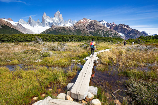 EL CHALTEN, ARGENTINA - CIRCA FEBRUARY 2020 - Tourists trekking along the friz roy trail in Patagonia, Argentina