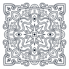 Ornament of swirling lines, circles and central flower star. Element for the cover of the book, postcards, t-shirts. Illustration for coloring. Decorative element.