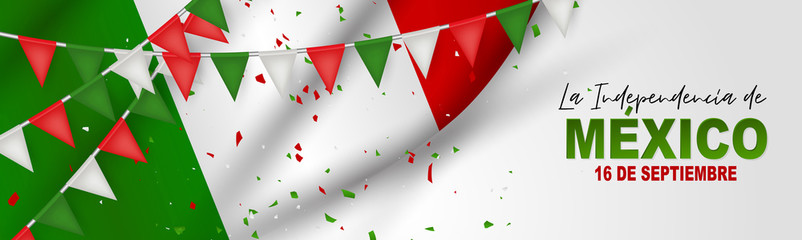 Mexico Independence Day banner. 16 September national holiday. Green, white, and red Mexican flag. Lettering in Spanish. Vector illustration.