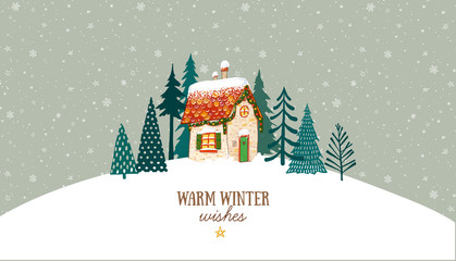 Christmas greeting card with cute little house and trees on snow background