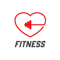 Concepto gimnasio. Logotipo Fitness con corazón y mancuerna lineal en gris y rojo