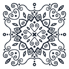 Ornament of swirling lines and vegetation.  Print for the cover of the book, postcards, t-shirts. Illustration for rugs.