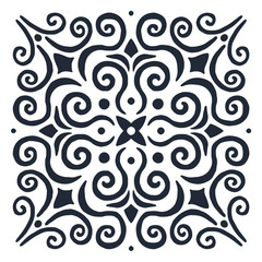 Decoration from a silhouette of flowers and swirling lines in a square, central element of flower star. Print for the cover of the book, postcards, t-shirts. Illustration for rugs.
