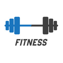 Concepto gimnasio. Logotipo Fitness con mancuerna en gris y azul