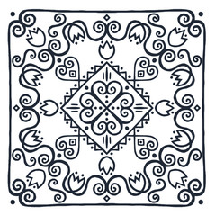Ornament of silhouette of flowers, twisted lines and hearts. Print for the cover of the book, postcards, t-shirts. Illustration for rugs.