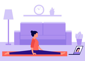 Woman practices yoga at home and watches video on laptop. Do splits. Videoconference in sports, communication. Active leisure at home, doing exercises, health care. Vector illustration
