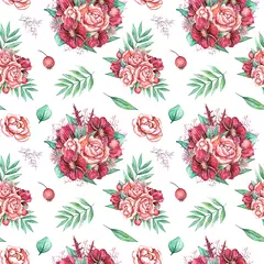 Schilderijen op glas Watercolor seamless pattern with flowers drawn by hand. Floral background with bright elegant elements - peonies. anemones, leaves, etc © Anna