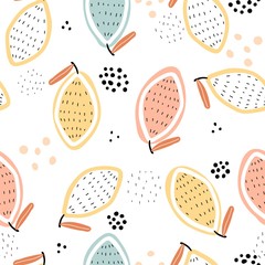 Seamless pattern with cartoon lemons, decor elements. vector flat style. hand drawing. design for fabric, textile, print, wrapper