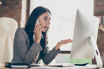 Astonished frustrated girl collar call smartphone boss impressed crisis way-out plan development...