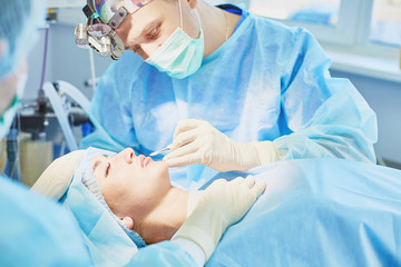 Several doctors surrounding patient on operation table during their work. Team surgeons at work in operating room