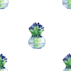 Watercolor pattern illustration with violet flowers in vases isolated on white background