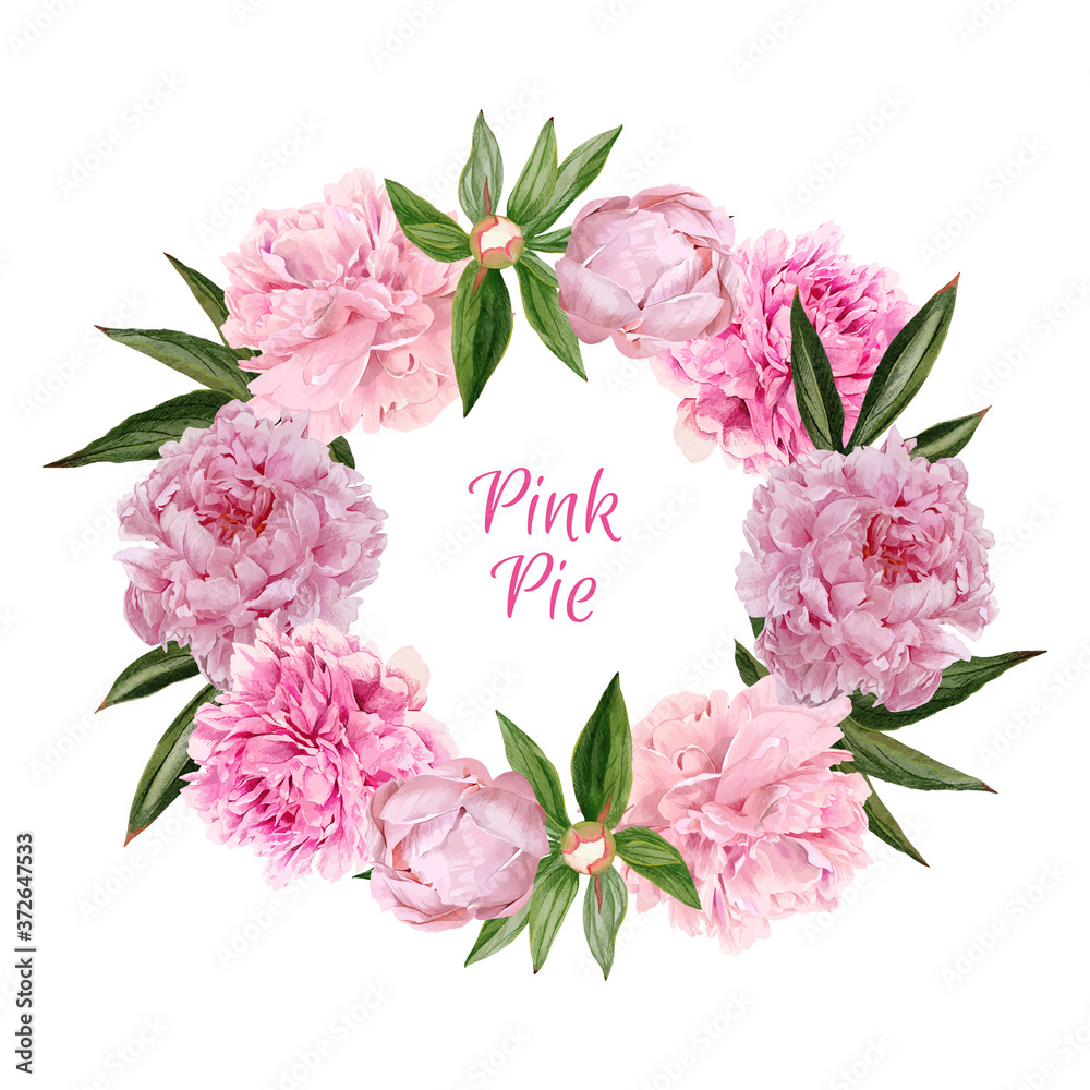 Wall mural Lush pink peonies wreath, hand drawn vector watercolor