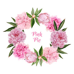 Lush pink peonies wreath, hand drawn vector watercolor
