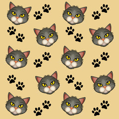 Naklejka premium illustration of cat faces and footprints background