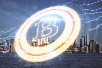 Double exposure of crypto currency theme hologram drawing and city veiw background. Concept of...