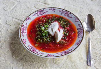 Russian beetroot hot soup (Rus. - borsch) with green onions and sour cream.
 Borsch is a classic dish of Russian cuisine. This is a beetroot hot soup with meat and sour cream, added finely chopped gre
