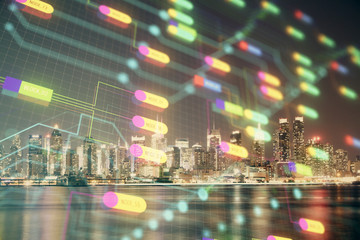 Data theme hologram drawing on city view with skyscrapers background multi exposure. Ai concept.