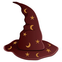 Brown wizard hat with stars and moon. Vector illustration - obrazy, fototapety, plakaty