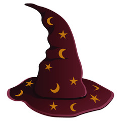 Brown wizard hat with stars and moon. Vector illustration