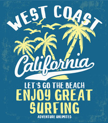 Retro California beach vector graphic for t-shirt prints, posters and other uses.