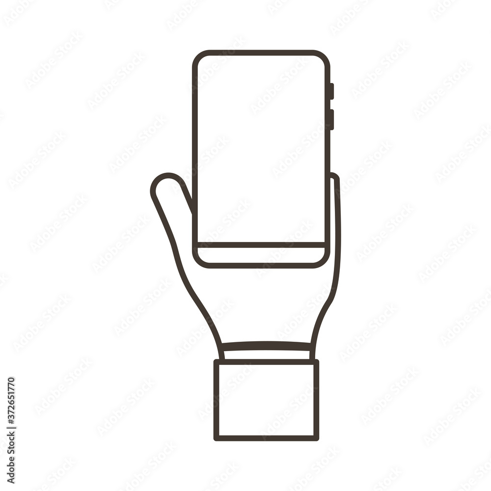 Poster hand lifting smartphone vertically line style icon