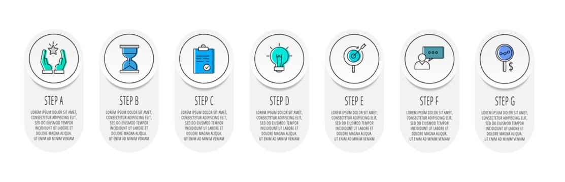 Infographics with seven circles and labels. Abstract vector template. Can be used for seven business, web, banner, workflow layout, presentations, flowchart, content, chart. Data visualization. - Powered by Adobe