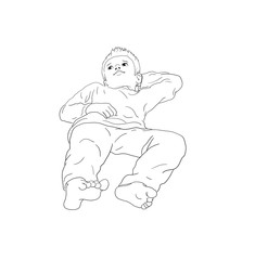 Junge liegt nachdenklich barfuß schaut nach oben in den Himmel eine Hand hinter dem Kopf entspannt Teenager Schüler Kind allein einsam Hintergrund weiß Ausmalbild schwarzweiß 