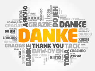 Danke (Thank You in German) word cloud background in different languages