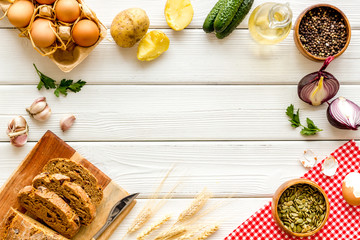 Frame of food background. Dinner table with fresh homemade food. Top view